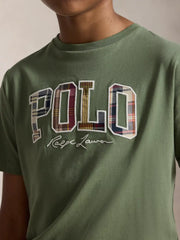 Closer look at the Ralph Lauren logo t-shirt showing detail of the embroidered tartan logo.