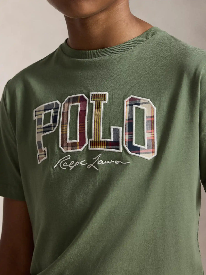 Closer look at the Ralph Lauren logo t-shirt showing detail of the embroidered tartan logo.