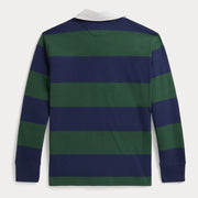Rear view of the Ralph Lauren green long sleeve rugby shirt.