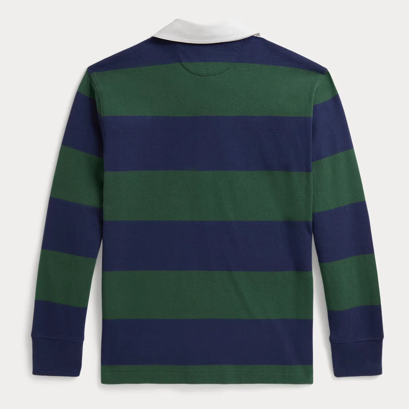 Rear view of the Ralph Lauren green long sleeve rugby shirt.
