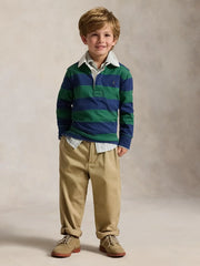 Smiling Boy modelling the Ralph Lauren long sleeve rugby shirt.