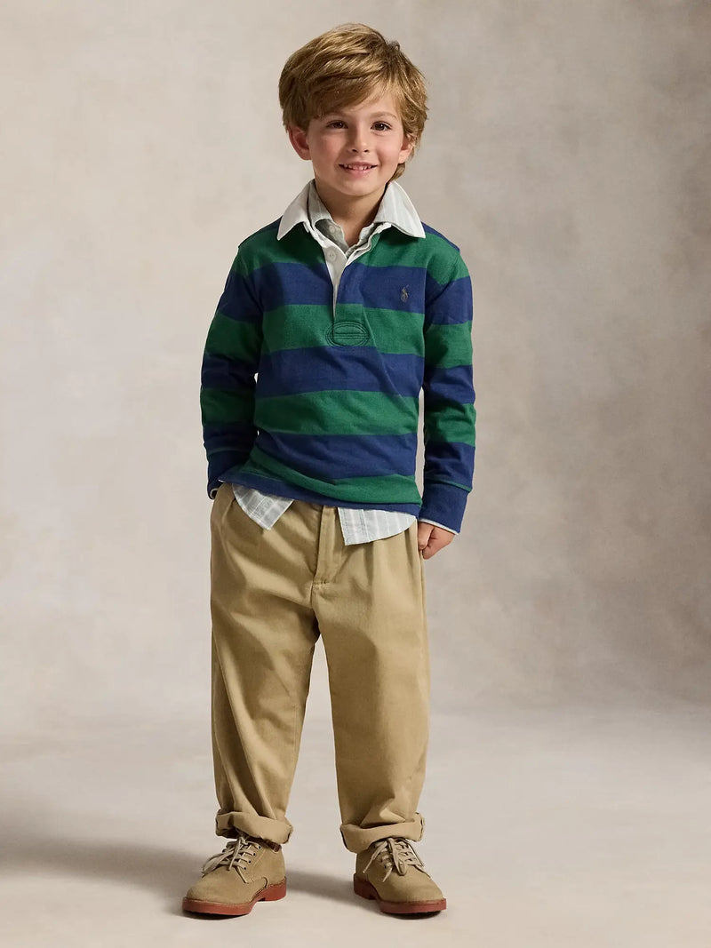 Smiling Boy modelling the Ralph Lauren long sleeve rugby shirt.