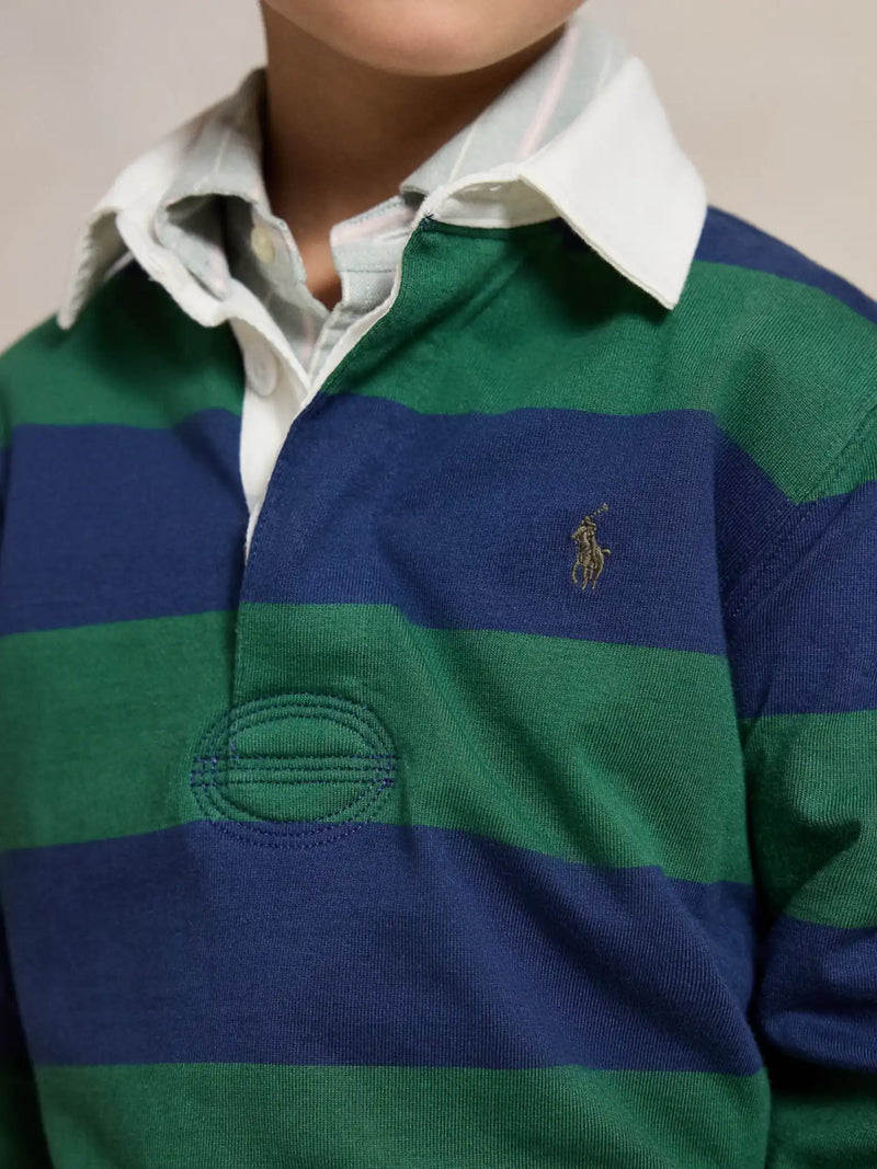 Closer look at the Ralph Lauren long sleeve rugby shirt showing detail of the embroidered pony logo.