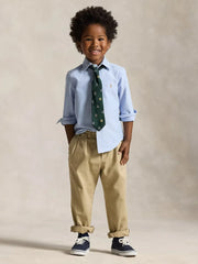 Smiling Boy modelling the Ralph Lauren oxford shirt.