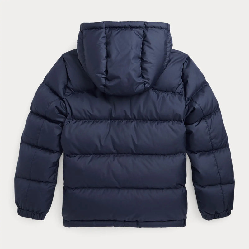 Back of the Ralph Lauren navy padded jacket.