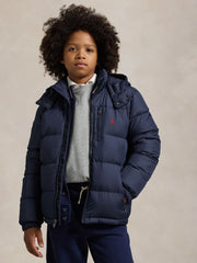 Boy modelling the Ralph Lauren padded jacket.