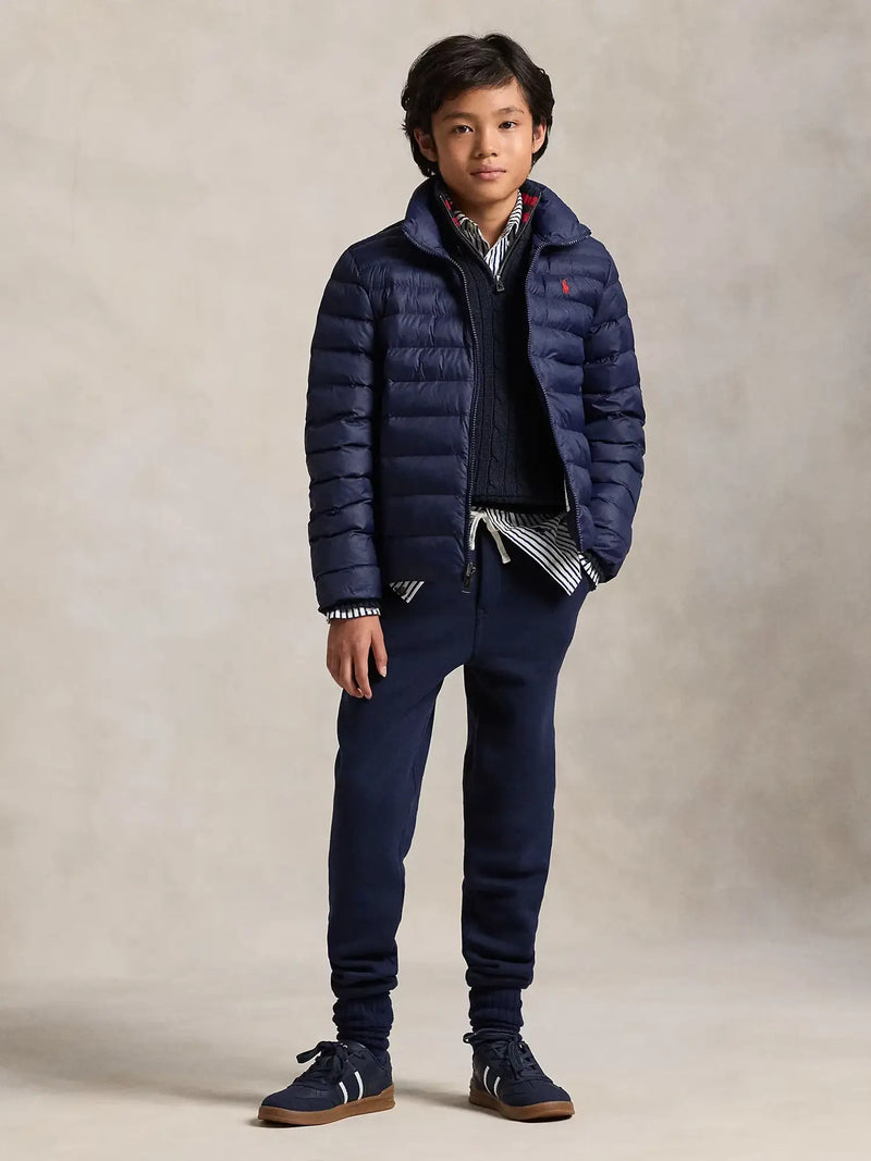 Boy wearing the Ralph Lauren padded jacket.