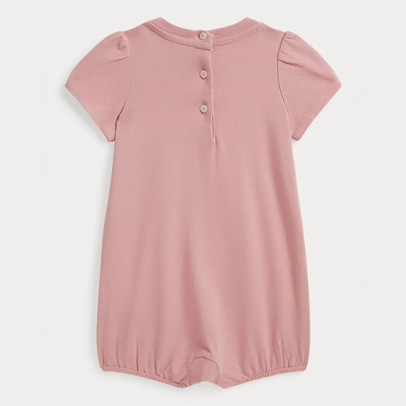 Back of the Ralph Lauren pink patch logo romper.