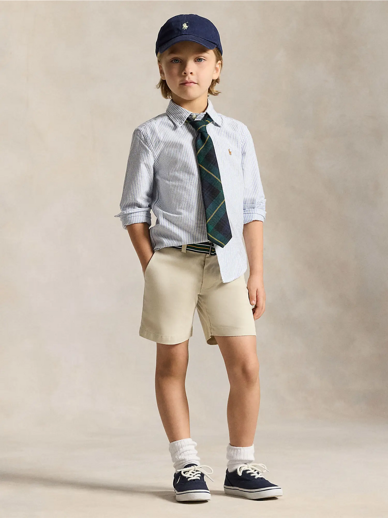 Boy wearing the Ralph Lauren pinstripe shirt.