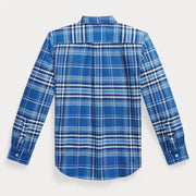 Rear view of the Ralph Lauren blue plaid oxford shirt.