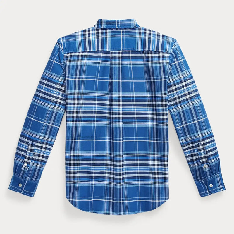 Rear view of the Ralph Lauren blue plaid oxford shirt.