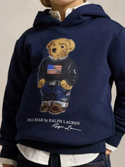 Closer look at the Ralph Lauren polo bear hoodie showing detail of the polo bear print.