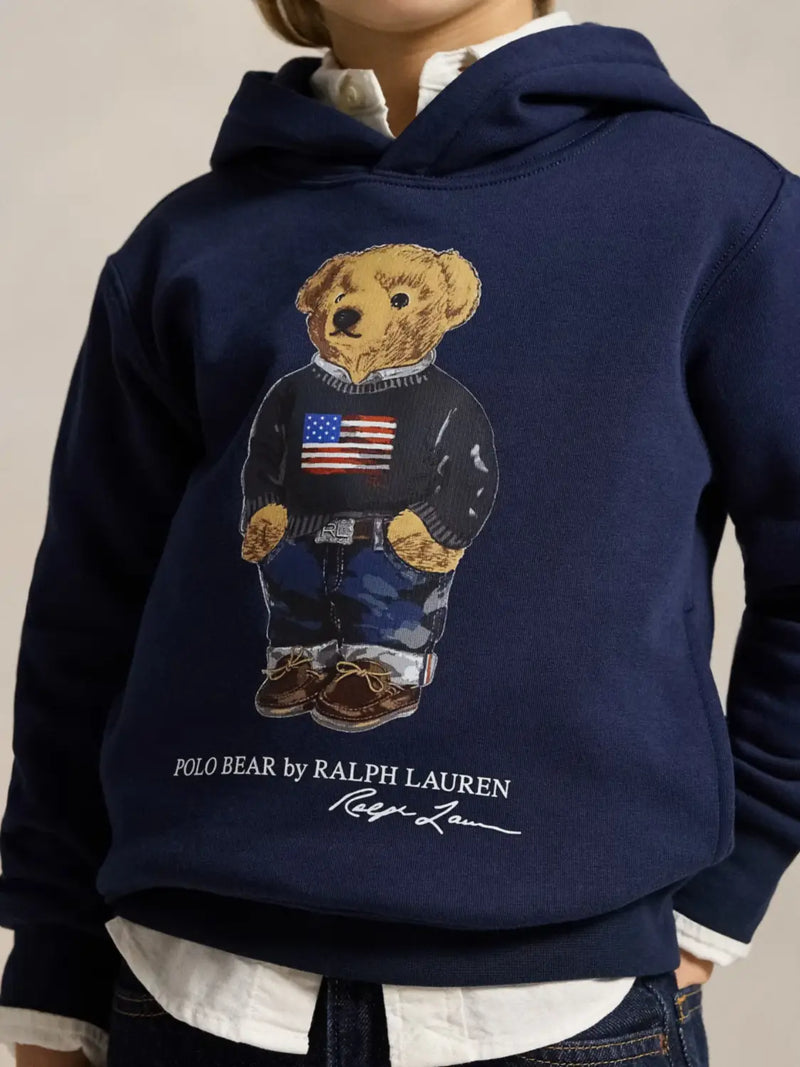 Closer look at the Ralph Lauren polo bear hoodie showing detail of the polo bear print.