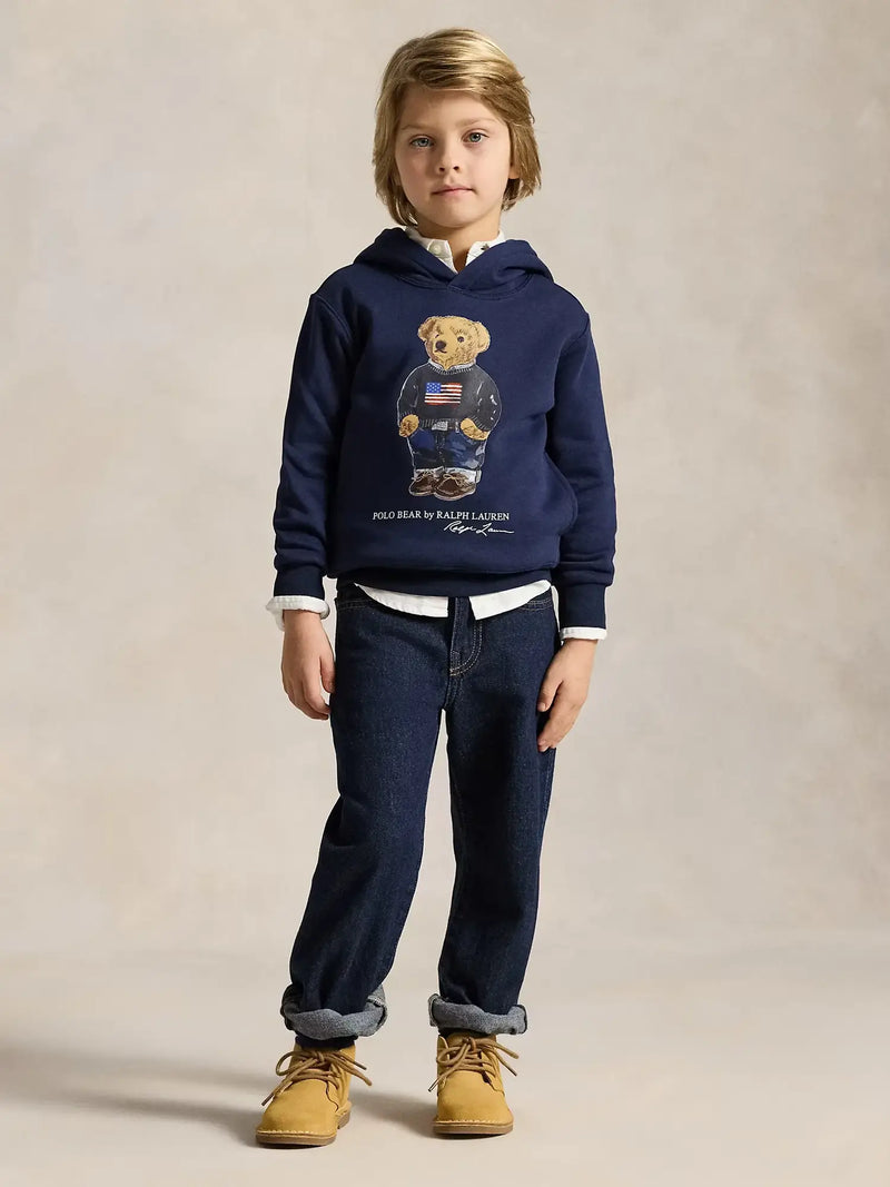 Boy modelling the Ralph Lauren polo bear hoodie.