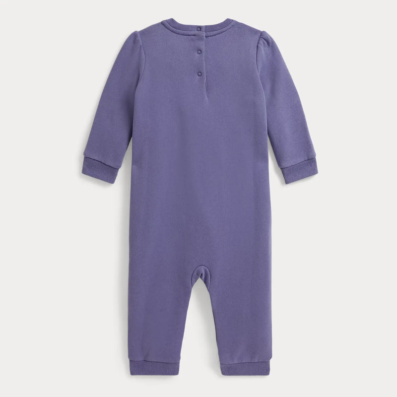 Rear view of the Ralph Lauren purple polo bear romper.