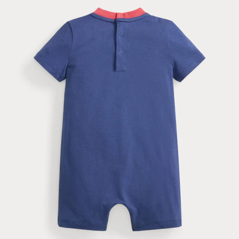 Back of the Ralph Lauren navy polo bear romper.