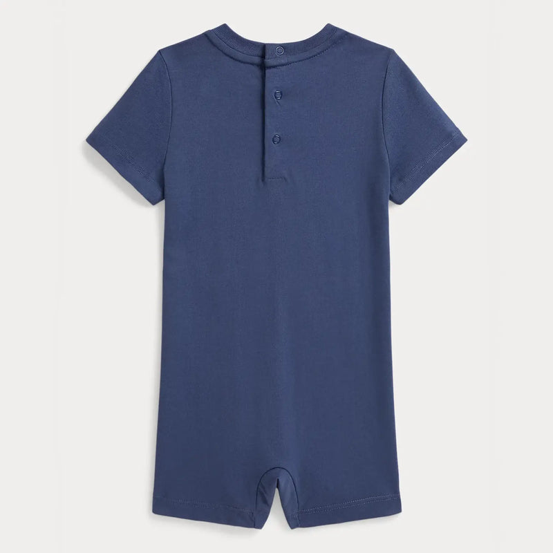Back of the Ralph Lauren navy polo bear romper.