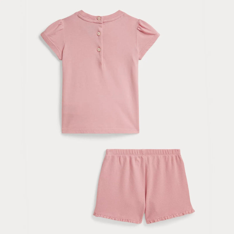 Back of the Ralph Lauren baby girl's polo bear shorts set.