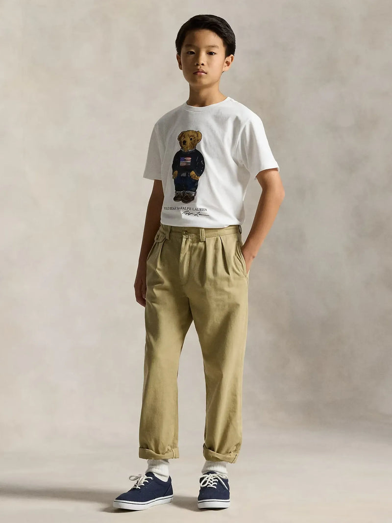 Boy modelling the Ralph Lauren polo bear t-shirt.