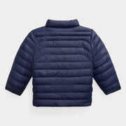 Back of the Ralph Lauren navy padded jacket.