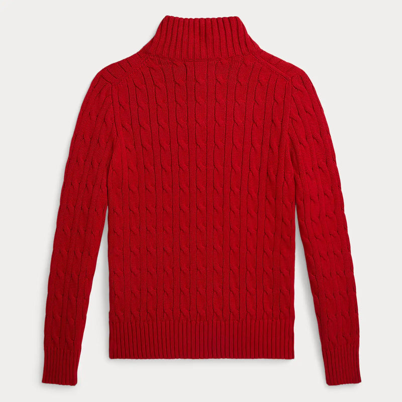 Rear view of the Ralph Lauren red quarter zip jumper.