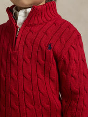 Closer look at the Ralph Lauren quarter zip jumper showing detail of the navy embroidered pony.