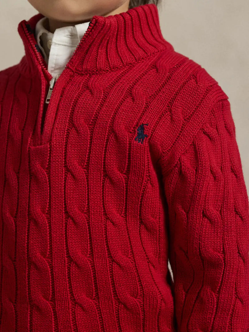 Closer look at the Ralph Lauren quarter zip jumper showing detail of the navy embroidered pony.