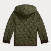 Rear view of the Ralph Lauren green quilted jacket.
