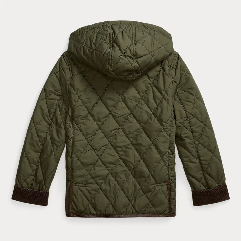 Rear view of the Ralph Lauren green quilted jacket.