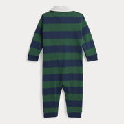 Rear view of the Ralph Lauren navy and green rugby stripe romper.