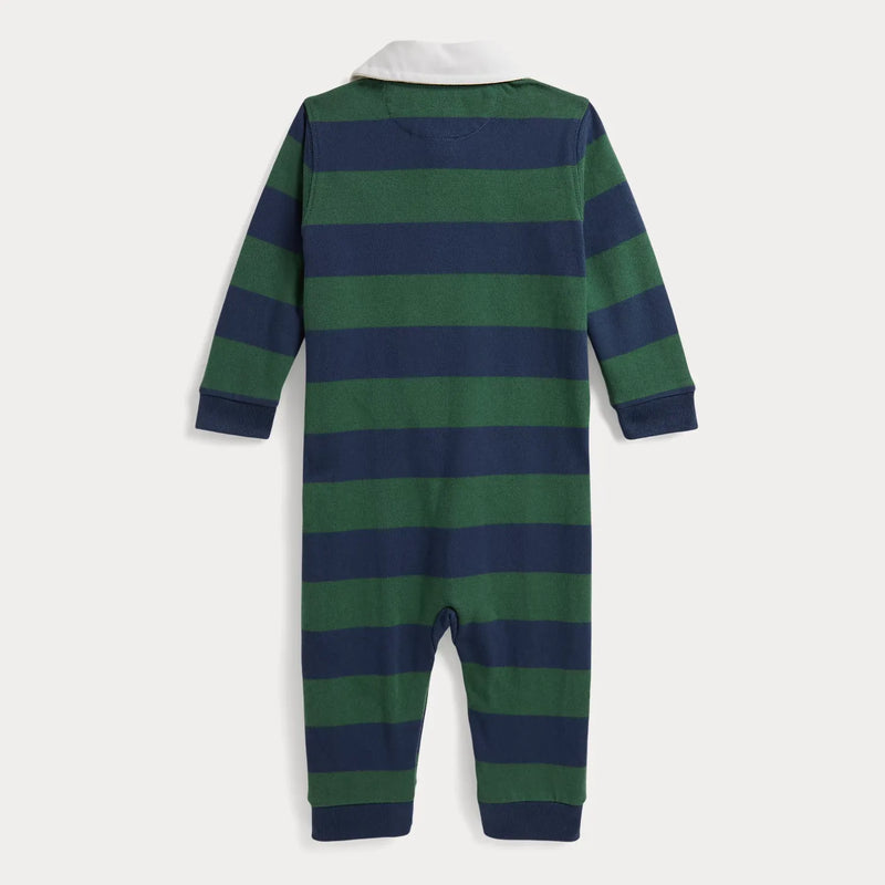 Rear view of the Ralph Lauren navy and green rugby stripe romper.