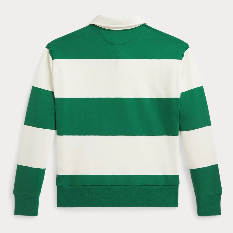 Back of the Ralph Lauren green rugby stripe sweatshirt.