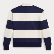 Back of the Ralph Lauren navy rugby stripe sweatshirt.