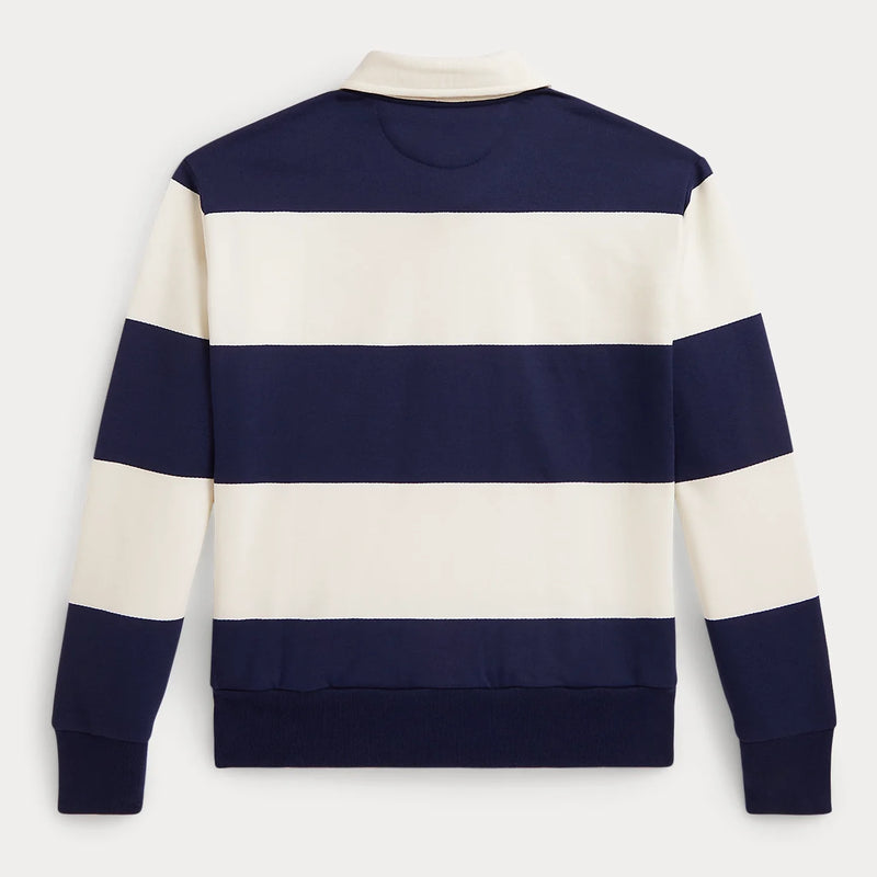 Back of the Ralph Lauren navy rugby stripe sweatshirt.