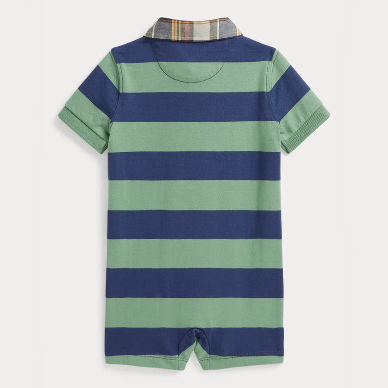 Back of the Ralph Lauren green striped polo romper.