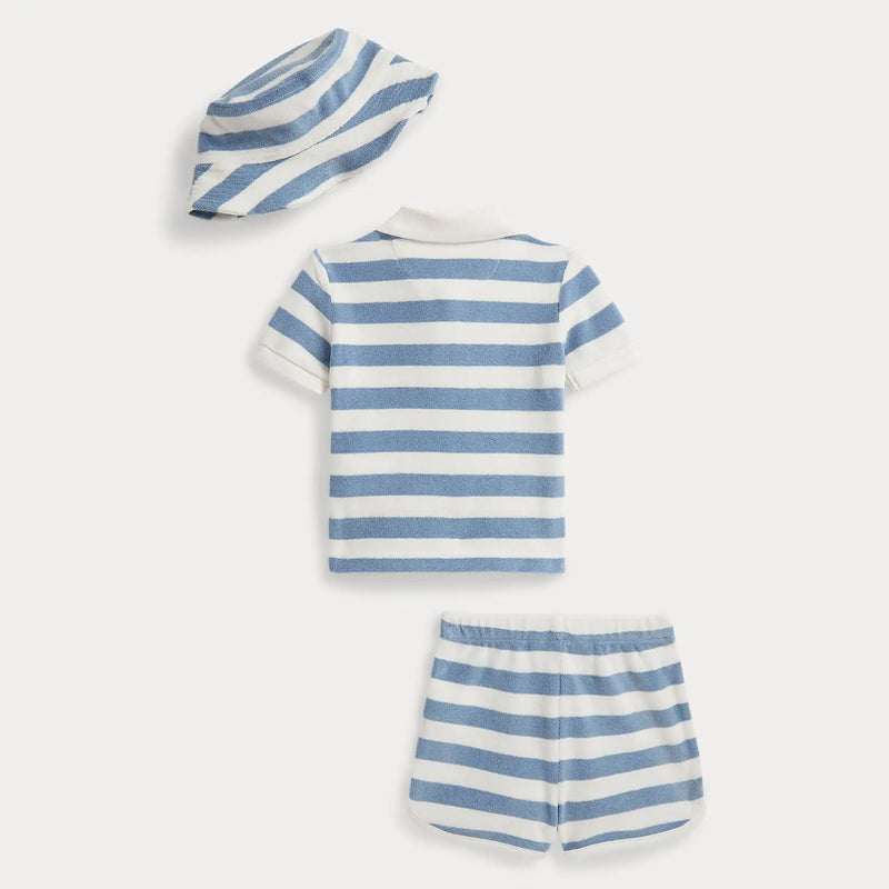 Rear view of the Ralph Lauren striped shorts set.
