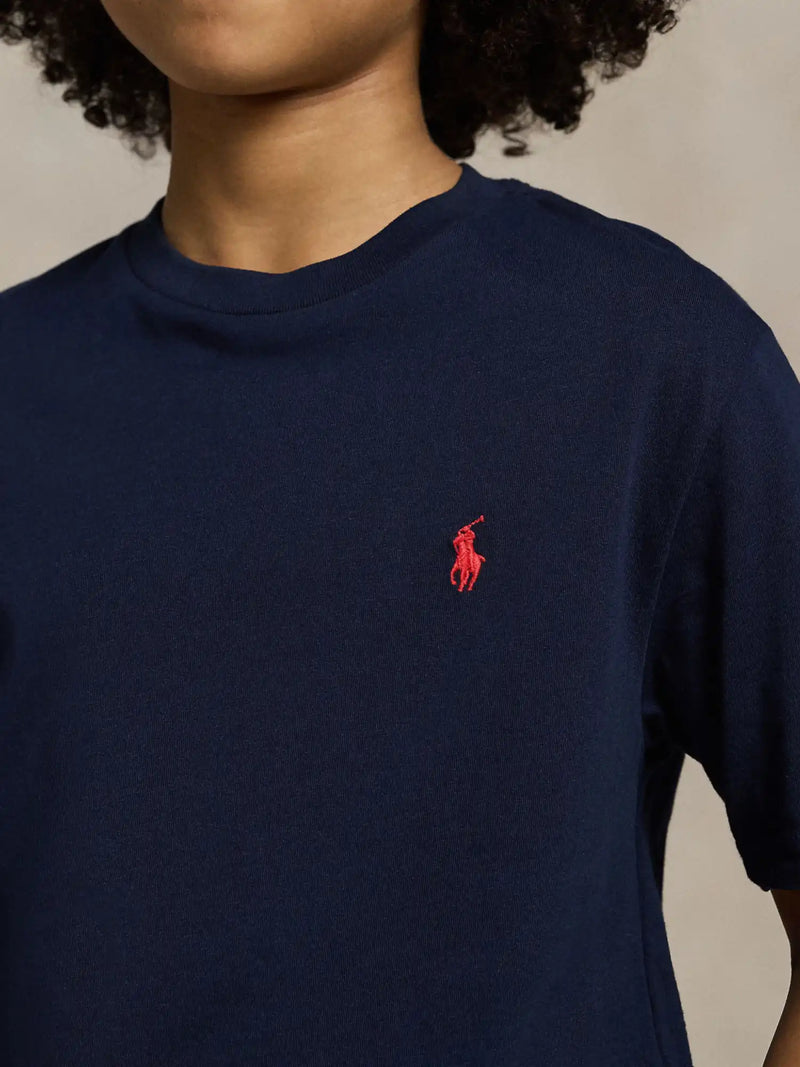 Closer look at the Ralph Lauren t-shirt showing detail of the red embroidered pony