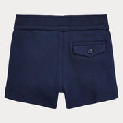 Back of the Ralph Lauren navy track shorts.