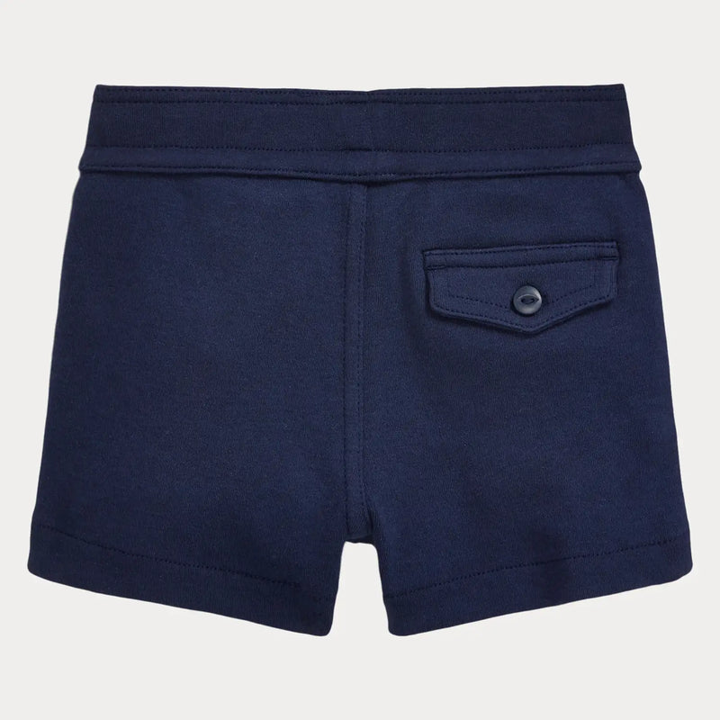 Back of the Ralph Lauren navy track shorts.