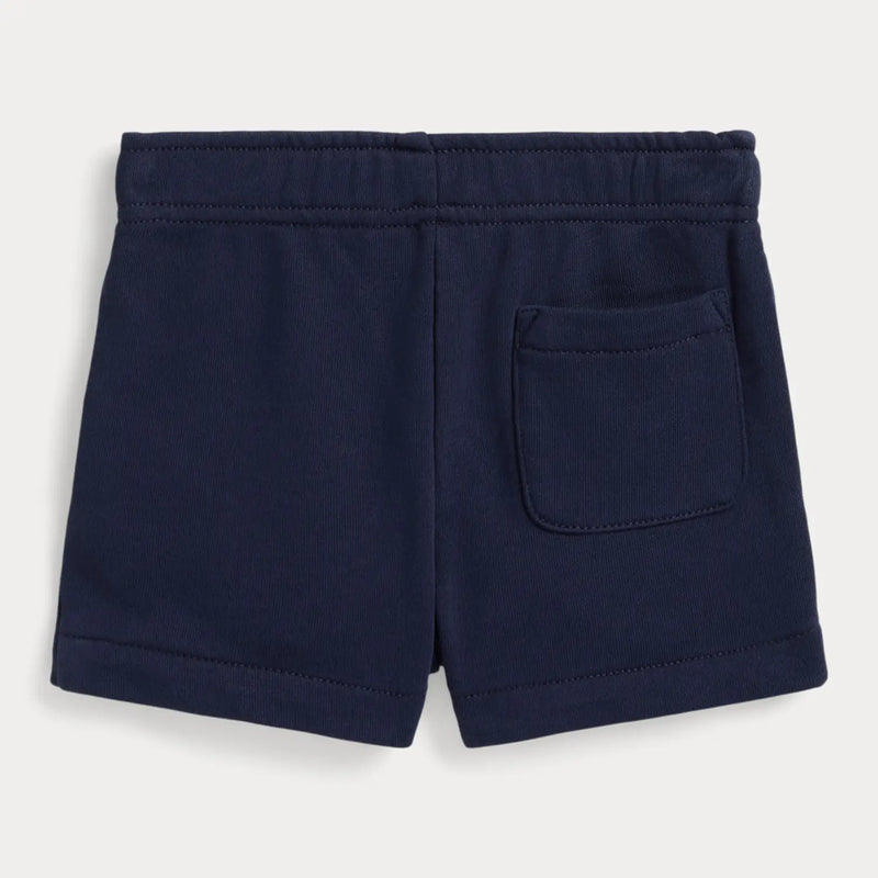 Back of the Ralph Lauren navy track shorts.