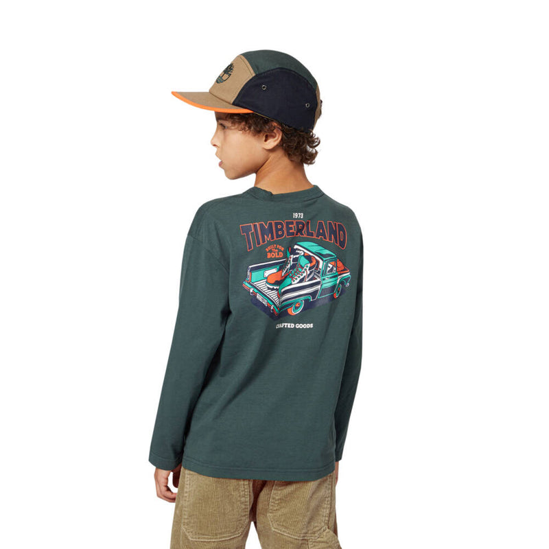 Boy wearing the Timberland long sleeve t-shirt.