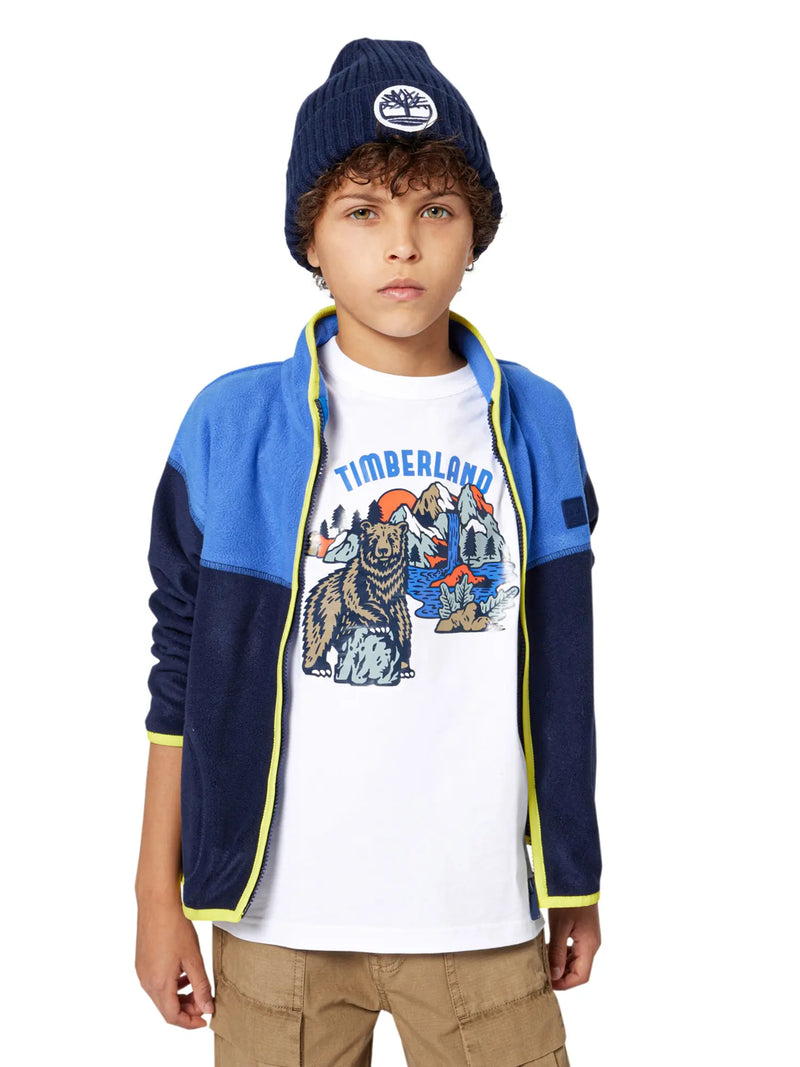 Boy wearing the Timberland colourblock fleece.