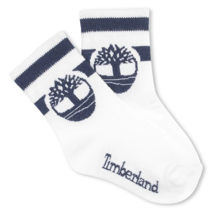 Timberland white socks with navy logo.