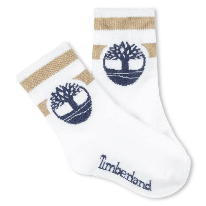 Timberland white socks with beige logo.