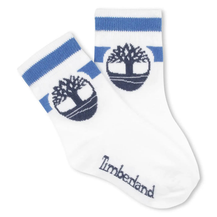 Timberland white socks with blue logo.