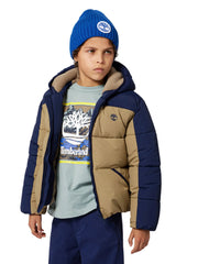 Boy modelling the Timberland long sleeve t-shirt.