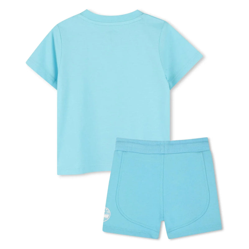 Back of the Timberland blue shorts set.