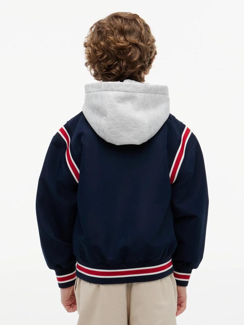 Back of the Tommy Hilfiger navy bomber jacket.