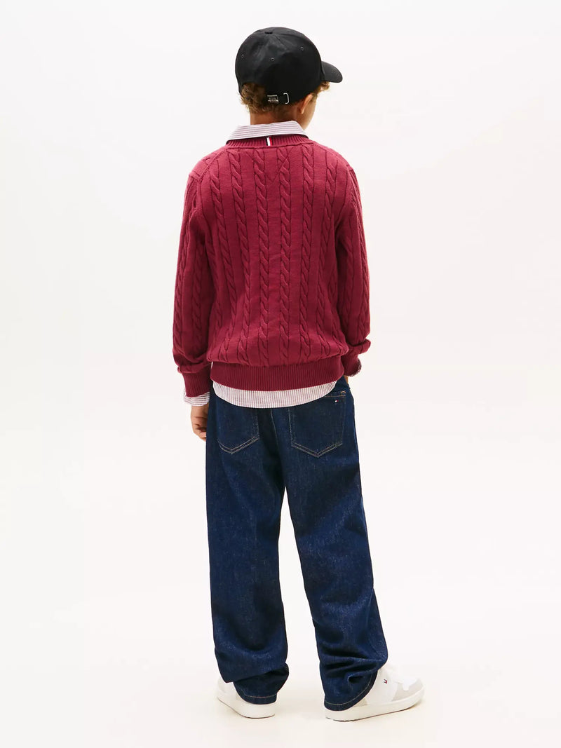 Rear view of the Tommy Hilfiger red cable knit sweater.