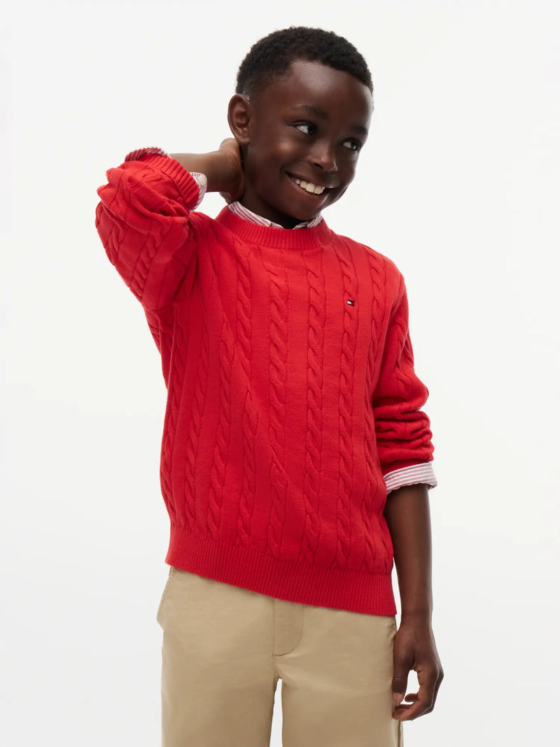 Closer look at the Tommy Hilfiger cable knit sweater.